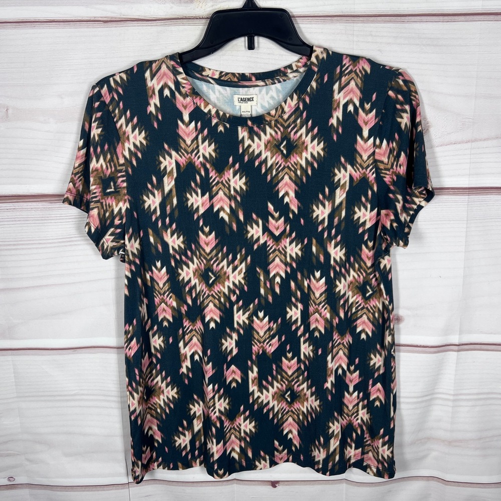 L'AGENCE T-Shirt Womens XXL Black Geometric Aztec Print Short Sleeve Top Stretch